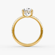 Round Cut - Pave Band Hidden Halo - Classic Engagement Ring- 14 K Gold